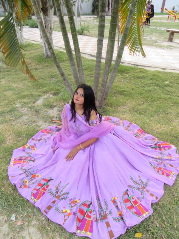 Lavender Madhubani Hand Painted Silk Lehenga Set